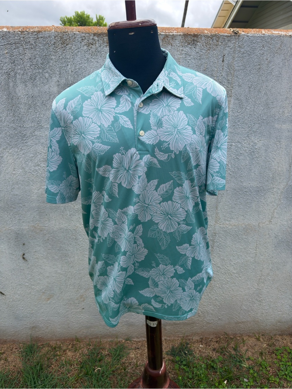 PreOwned Reyn Spooner Brrr Green Polo Shirt Hawaiian Print Men's L